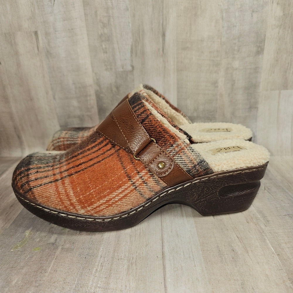 b.o.c. Plaid Faux Shearling Clogs Orange Brown Mules Womens 10M - Picture 2 of 9